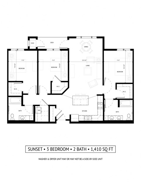 Floor plan for 3 beds, 2 baths, 1410 sqft